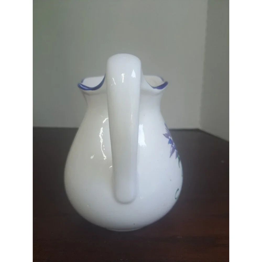 Hand Painted White Ceramic Pitcher Blue Flowers And Trim